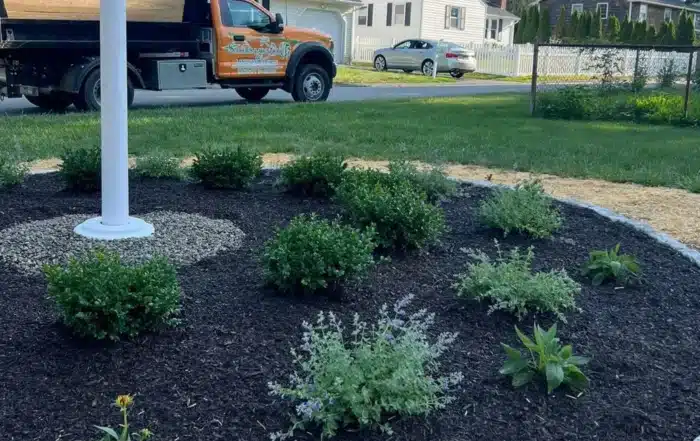 Professionally landscaped residential yard in Waterford featuring fresh mulch, shrubs, garden edging, and healthy green lawn maintained by a lawn care company.